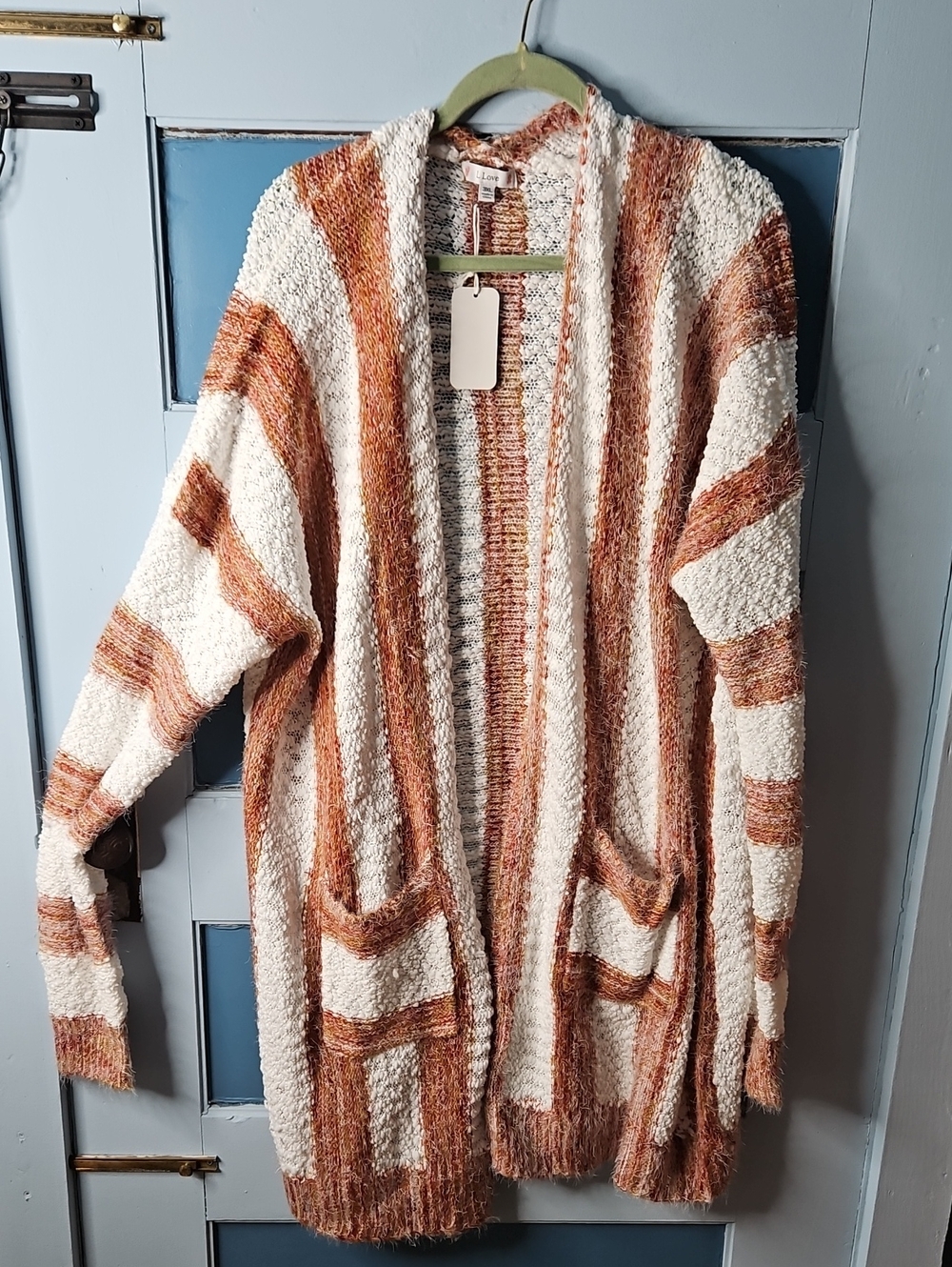 L Love Cozy Striped Open-Front Cardigan Sweater - Cream & Rust Maroon 3X